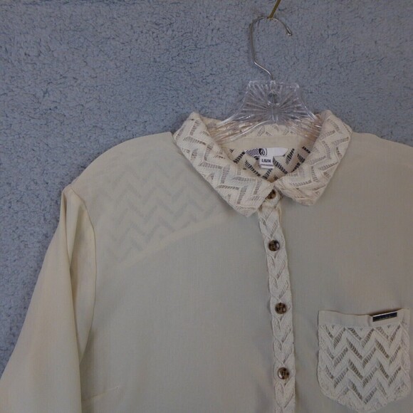 VOLCOM Blouse Women's Large Ivory Lace Long Sleeve Button Down Shirt Sheer - Picture 3 of 11